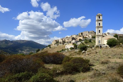 France, Haute Corse, Balagne, perched village of Sant'Antonino, labelled Les Plus Beaux Villages de France (The Most Beautiful Villages of France), general view of the village with the Anounciation church bell tower