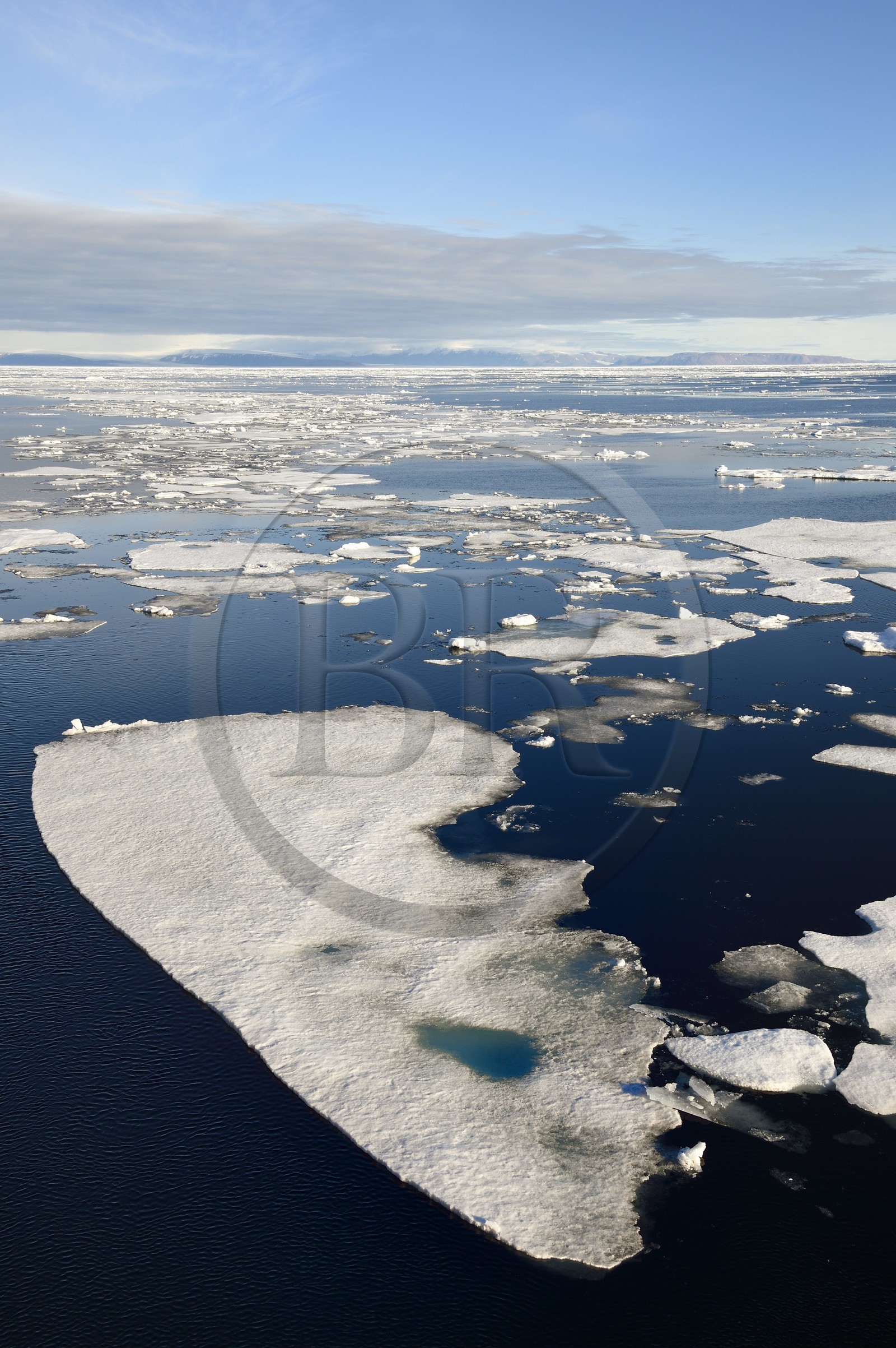 Groenland, cote Nord-Ouest, Smith sound au nord de la baie de Baffin, morceaux de glace de la banquise arctique et la côte canadienne de l'ile d'Ellesmere en arrière plan