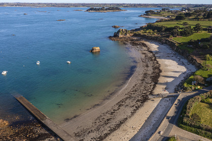 France, Cotes-d'Armor, Cote d'Ajoncs, Plougrescant, the beach of Porz Hir or Pors-hir (aerial view)