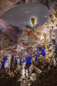 France, Gard, Mejannes-le-Clap, grotte de La Salamandre (Salamander cave), discovery of the cave in Aéroplume®, an individual dirigible balloon inflated with helium which allows you to fly away by flapping your wings