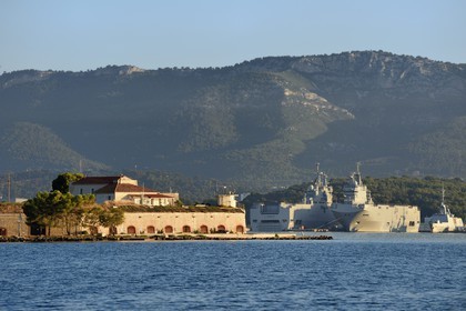 France, Var, Toulon harbour, La Seyne-sur-Mer, the Fort Eguillette and the naval base in the background