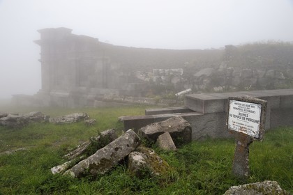 France, Puy de Dome, Parc Naturel Régional des Volcans d'Auvergne (regional nature park of Auvergne volcanoes), Chaine des Puys listed as World heritage by UNESCO, partially reconstructed remains of the temple of Mercury at the top of the Puy de Dôme, Gallo-Roman temple from the 2nd century