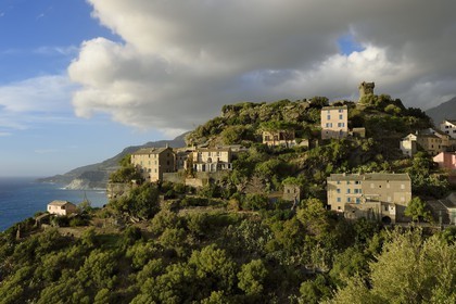 France, Haute Corse, Cap Corse, the hilltop village of Nonza and the Paoline Tower (Torra paolina)