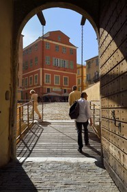 France, Haute Corse, Bastia, the Citadel district of Terra Nova, the palace of the Genoese governors that hosts the Musee d'Histoire de Bastia (Museum of Bastia History), main entrance by the old drawbridge on the Dungeon place