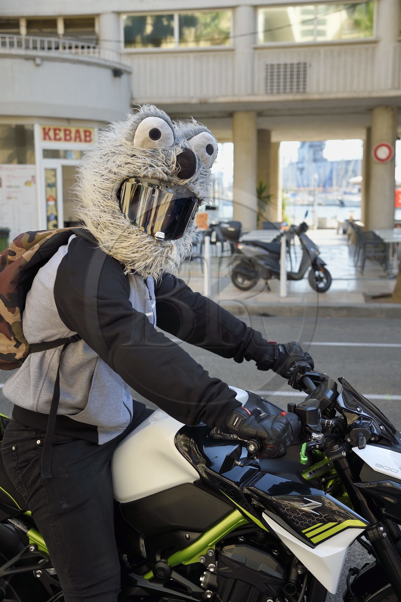 France, Var (83), Toulon, motard au casque peluche