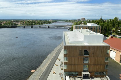 Sweden, Vasterbotten County, Umea, Umea Arts Campus along the Ume River (Umeälven)