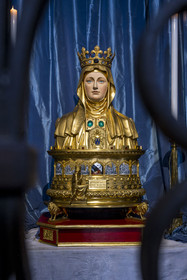 France, Bouches du Rhone, Tarascon, the royal collegiate church of Sainte-Marthe built in the 11th and 12th centuries, reproduction of the reliquary that disappeared during the revolution and contained the skull of Saint Martha