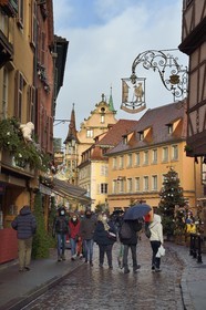 France, Haut Rhin, Colmar, gabled houses and wood-framed houses in Grand Rue with Christmas decorations