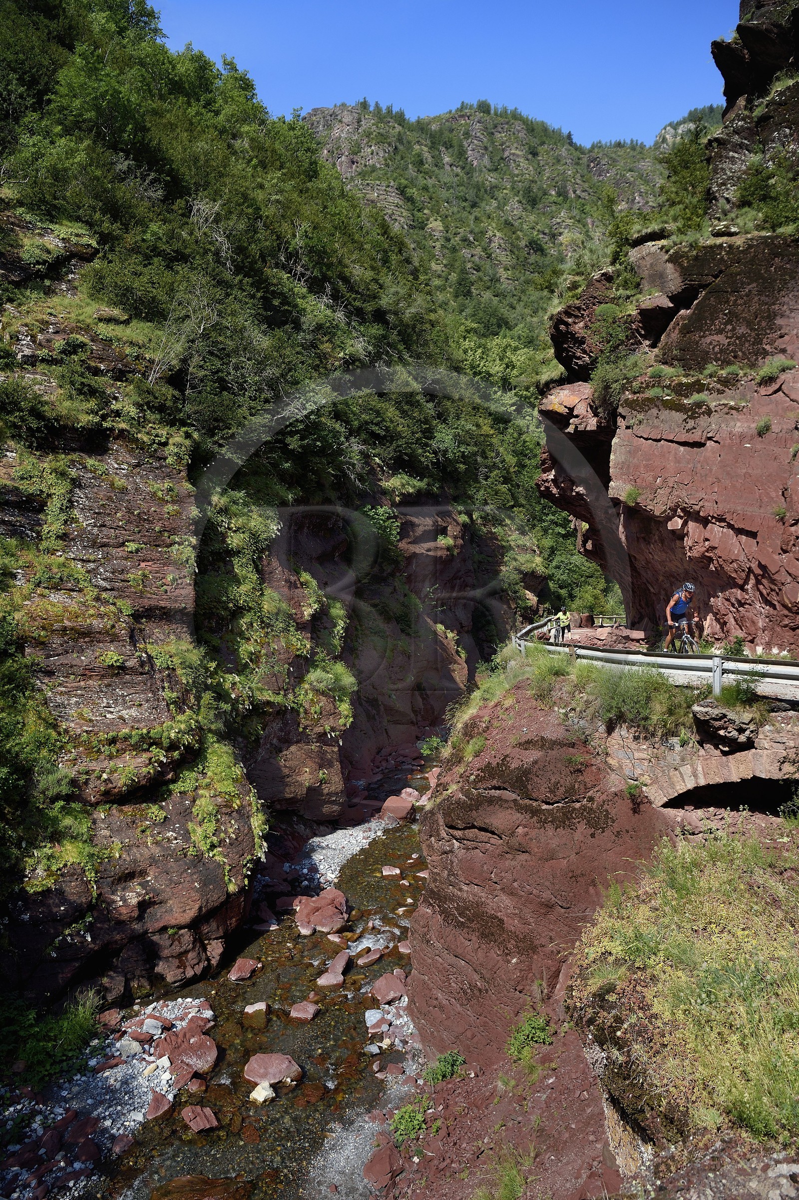 France, Alpes-Maritimes (06), Massif du Mercantour, site natura 2000, Gorges du Cians creusées par le Cians dans des sols de pélite rouge, portion de l'ancienne route aujourd'hui abandonnée