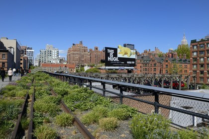 Etats-Unis, New York, Manhattan, Meatpacking district (Gansevoort Market), le High Line Park est une ancienne voie-ferrée aérienne partiellement réhabilitée en parc urbain suspendu, l'Empire State Building en arrière plan