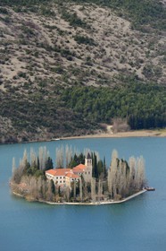 Croatia, Dalmatia, Krka National Park where Krka River becomes Lake Visovac, the Visovac Franciscan Monastery on the island