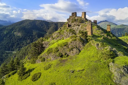 Georgia, Kakheti, Tusheti region, Omalo, the fortress of Keselo in Zemo (upper) Omalo served as a refuge for locals in wartime, medieval fortified towers (aerial view)