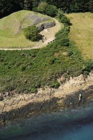 France, Morbihan, Gulf of Morbihan (Golfe du Morbihan), Gavrinis island, Gavrinis cairn megalithic monument (aerial view)