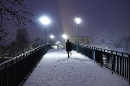 France, Val-de-Marne (94), les bords de Marne, Bry-sur-Marne, la passerelle réalisée par Gustave Eiffel entre Bry-sur-Marne et Le Perreux-sur-Marne en arrière plan sous une tempête de neige