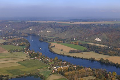 France, Eure, barge on the Seine upstream of Amfreville-sous-les-monts and the cote des Deux-Amants (aerial view)