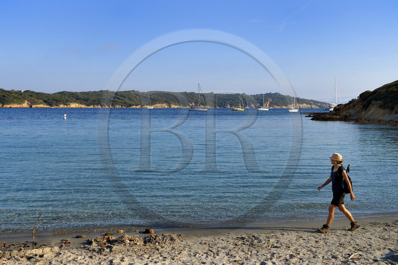 France, Var (83), Iles d'Hyères, parc national de Port Cros, Ile de Port-Cros, plage du Sud-ouest et l'Ile de Bagaud qui est une réserve intégrale en arrière plan