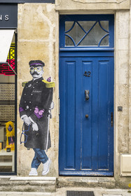 France, Charente Maritime, Rochefort, the writer Pierre Loti caricatured for an optical brand rue de la République