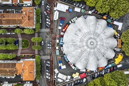 France, Charente-Maritime, Royan, central market (1955) by architects Louis Simon and André Morisseau shaped like the conch of a large white shell (aerial view)
