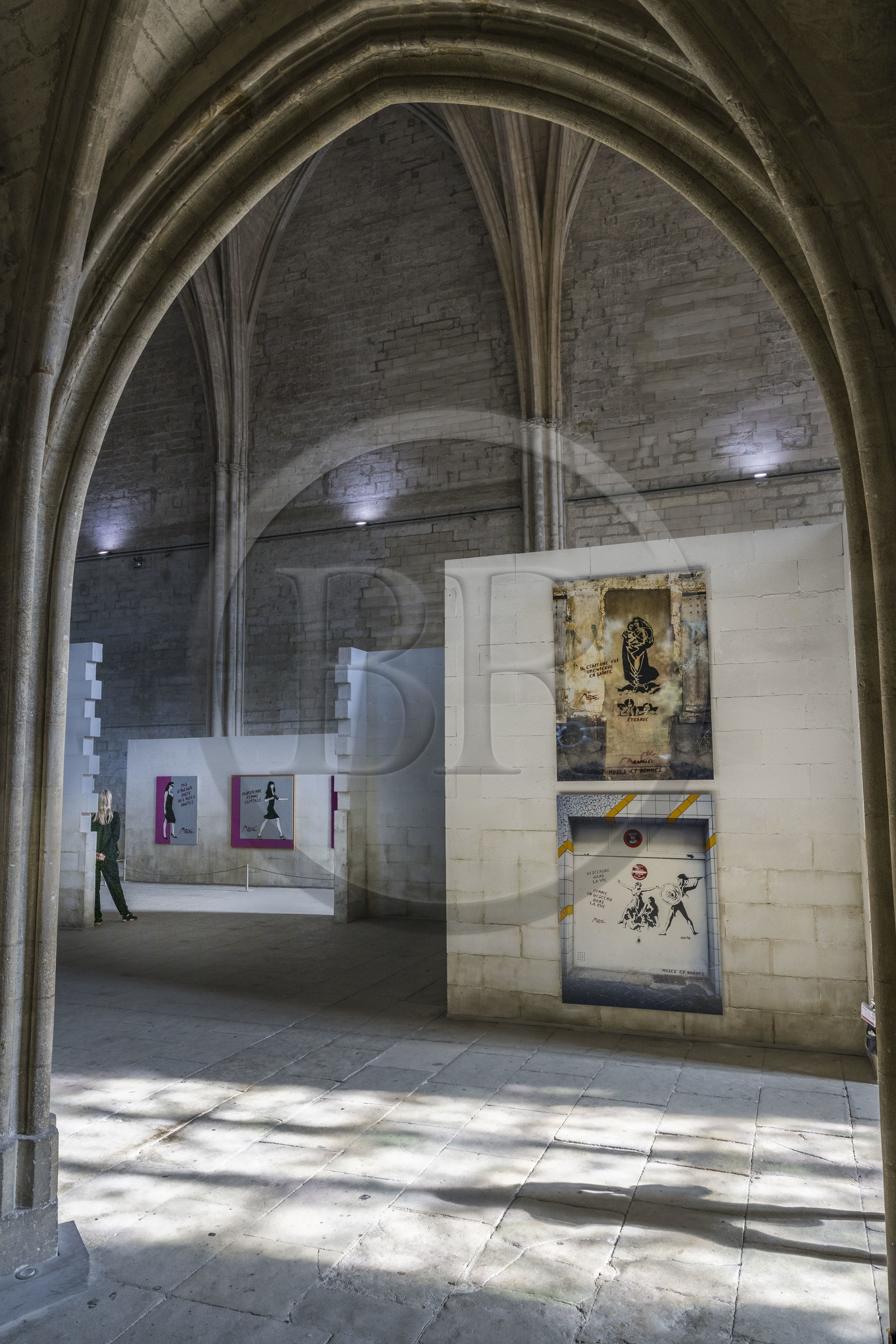 France, Vaucluse (84), Avignon, Palais des Papes classé Patrimoine mondial de l'UNESCO, la Grande Chapelle, exposition A la vie, à l’amor en 2024 de l'artiste de street art Miss.Tic connue pour ses œuvres au pochoir France, Vaucluse, Avignon, Palais des Papes (Palace of the Popes) listed as World heritage by UNESCO, the Great Chapel, exhibition A la vie, à l’amor in 2024 by street art artist Miss.Tic known for her stencil works