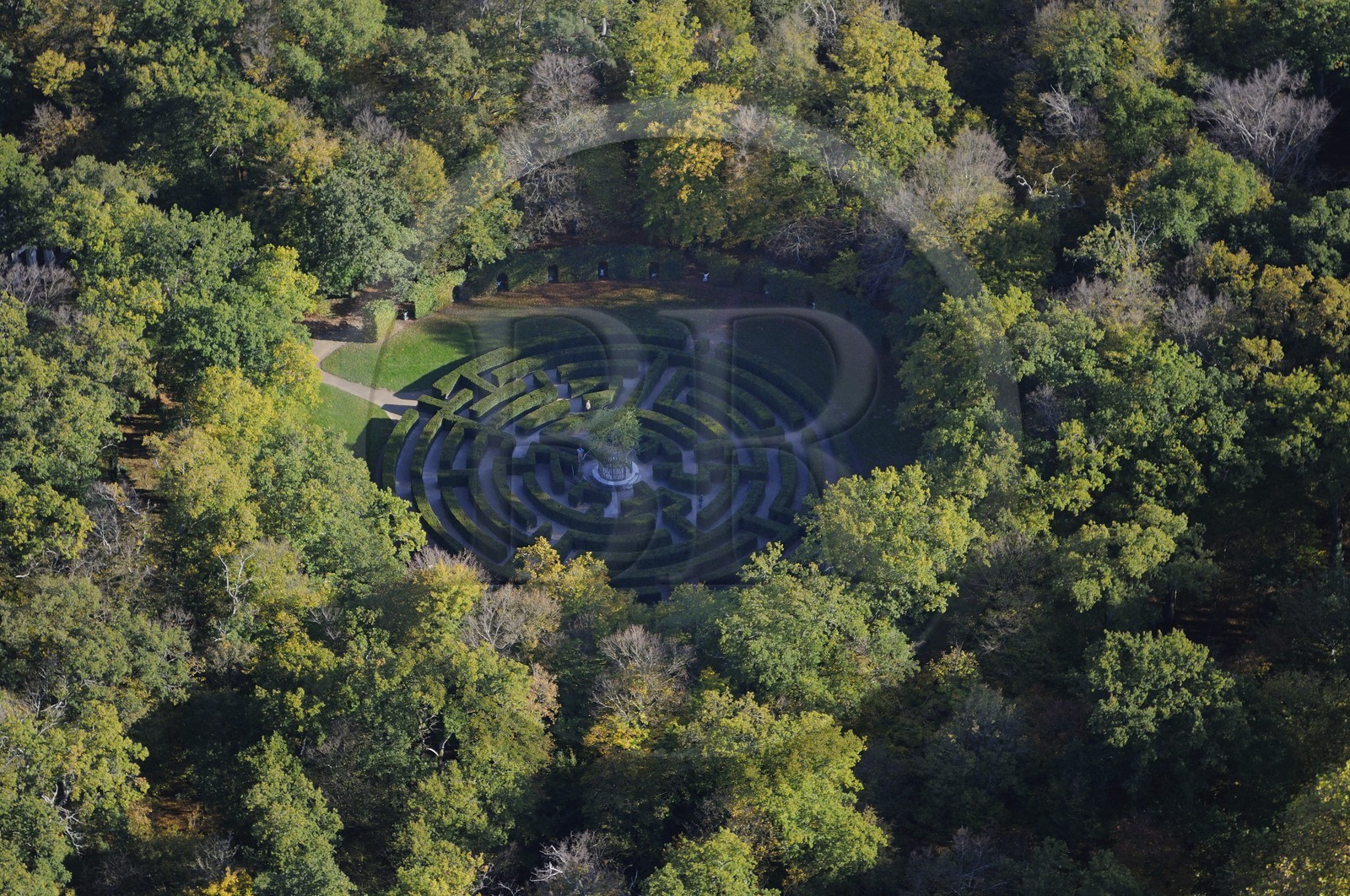 France, Indre et Loire, formal garden of the Chateau de Chenonceau, , the labyrinth in the park (aerial view)