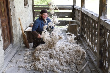 Georgia, Kakheti, Tusheti National Park, village of Shenako, Sirana Hatchizé goes back for the summer in Tusheti, here she airs the wool intended for the mattress