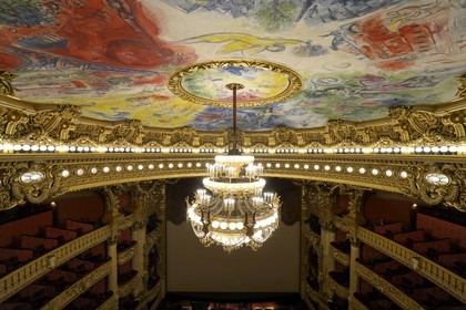 France, Paris, Garnier Opera, the ceiling cupola decorated by Marc Chagall in the auditorium and the 7 to 8 ton bronze and crystal chandelier designed by Garnier