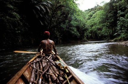 Malaysia, Borneo island, Sarawak, Iban warrior (Dayak tribe) going up river on his pirogue