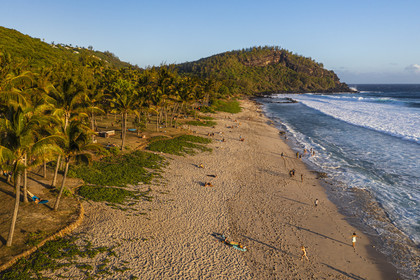 France, Ile de la Reunion, Petite-Ile sur la côte sud, plage de sable blanc de Grand-Anse au pied de piton Grande-Anse (vue aérienne)