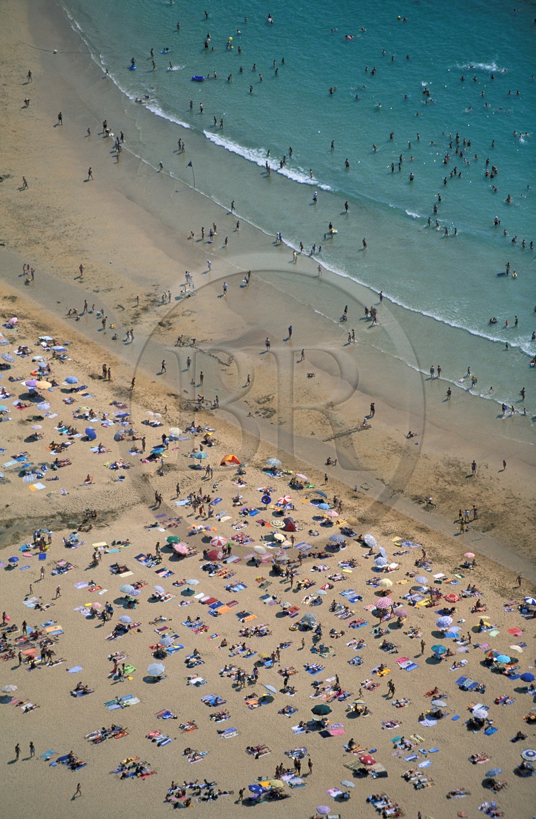France, Finistere, the old seaside resort of the Pouldu, the beach in summer (aerial view)