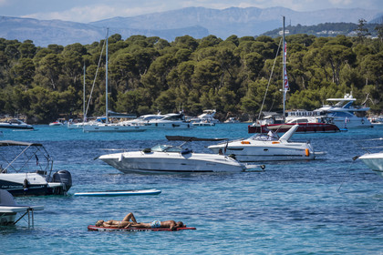 France, Alpes-Maritimes, Cannes, boats at anchor in the stretch of sea between the two Lerins Islands, Saint-Honorat and Sainte-Marguerite islands