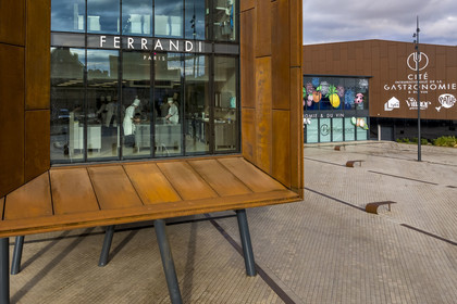 France, Cote d'Or, Dijon, area listed as World Heritage by UNESCO, International Cité of Gastronomy and Wine by architect Anthony Béchu, the light cannon that houses the Ferrandi school (aerial view)