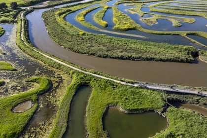 France, Vendée (85), Talmont-Saint-Hilaire, marais de la Guittière dans l'arrière pays de la Pointe du Payré, passage du Cul d’Ane, marais aménagés pour la pisciculture de dorades, mulets et anguilles (vue aérienne)