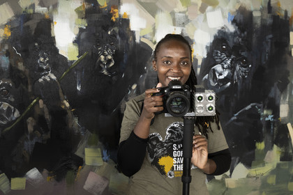 Rwanda, Province du Nord, District de Musanze (Ruhengeri), Kinigi, Campus Ellen DeGeneres du Dian Fossey Gorilla Fund, la zoologiste rwandaise Nadia Niyonizeye armée de son appareil photo équipé d'un laser pour étudier l’évolution de la croissance des gorilles sur le terrain