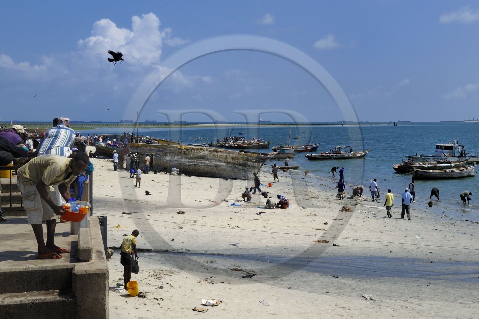 Tanzania, Dar es-Salaam, intense activity of repairing hulls and nets on the beach serving the Kivukoni fish market