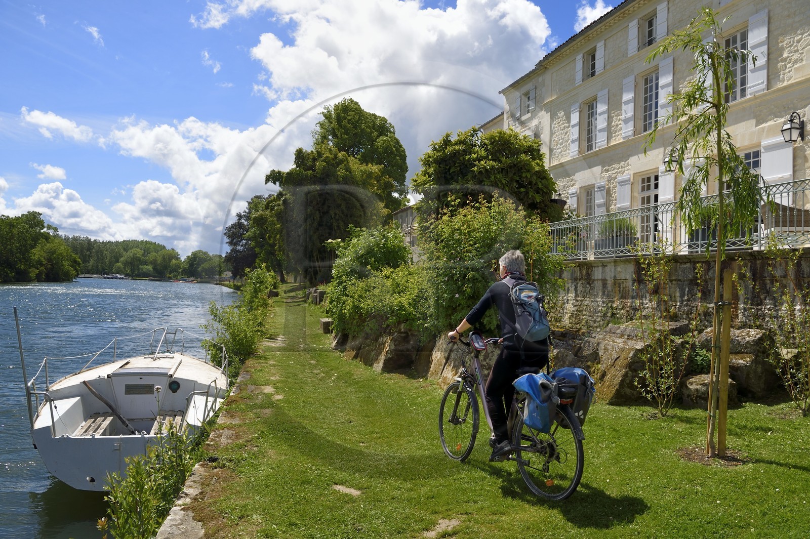 France, Charente-Maritime (17), Saintonge, Port-d'Envaux, cycliste faisant la véloroute La Flow Vélo le long de la Charente