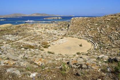 Greece, Cyclades islands, Delos, listed as World Heritage by UNESCO, the archaeological site of Delos, Apollo's Sanctuary, the most ancient city of the Aegean Sea, the Theatre and the quarter of the Theatre