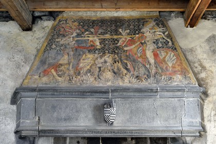 France, Cantal, Saint Flour, Saint Pierre (St Peter) cathedral, fireplace in the bishop's room in the former Episcopal Palace, 15th century wall painting depicting the jousting of two knights