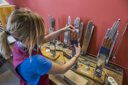 France, Aveyron, Maison Fabre (Ganterie Fabre), family glove factory founded in 1924, manufacture of glove with heat conductor called warm hands in the workshop