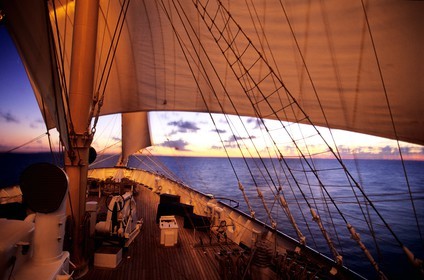 Caribbean sea, the five masted ship SPV Royal Clipper with every sail set, the deck