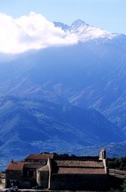 France, Pyrenees Orientales, Riberal region, roman priory of Marcevol facing the Pyrenees mountains