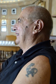 France, Rhone, Collonges au Mont d'Or, L'Auberge du Pont de Collonges Restaurant, three Michelin stars since 1965, famous French chef Paul Bocuse, wounded soldier during the WW2, the American who transfuse him also tattoo him a cockerel on the shoulder