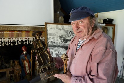 France, Finistere, Parc Naturel Regional d'Armorique (Armorica Regional Natural Park), Brennilis, Claude Le Lann shows the Ankou (personification of death in Breton mythology) at the Le Youdig Inn