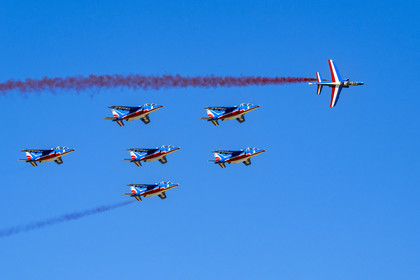 France, Bouches du Rhone, Salon de Provence, air base 701, base of the Patrouille de France (PAF for Patrouille acrobatique de France) of the French Air and Space Force, Alphajet aircraft during a training flight