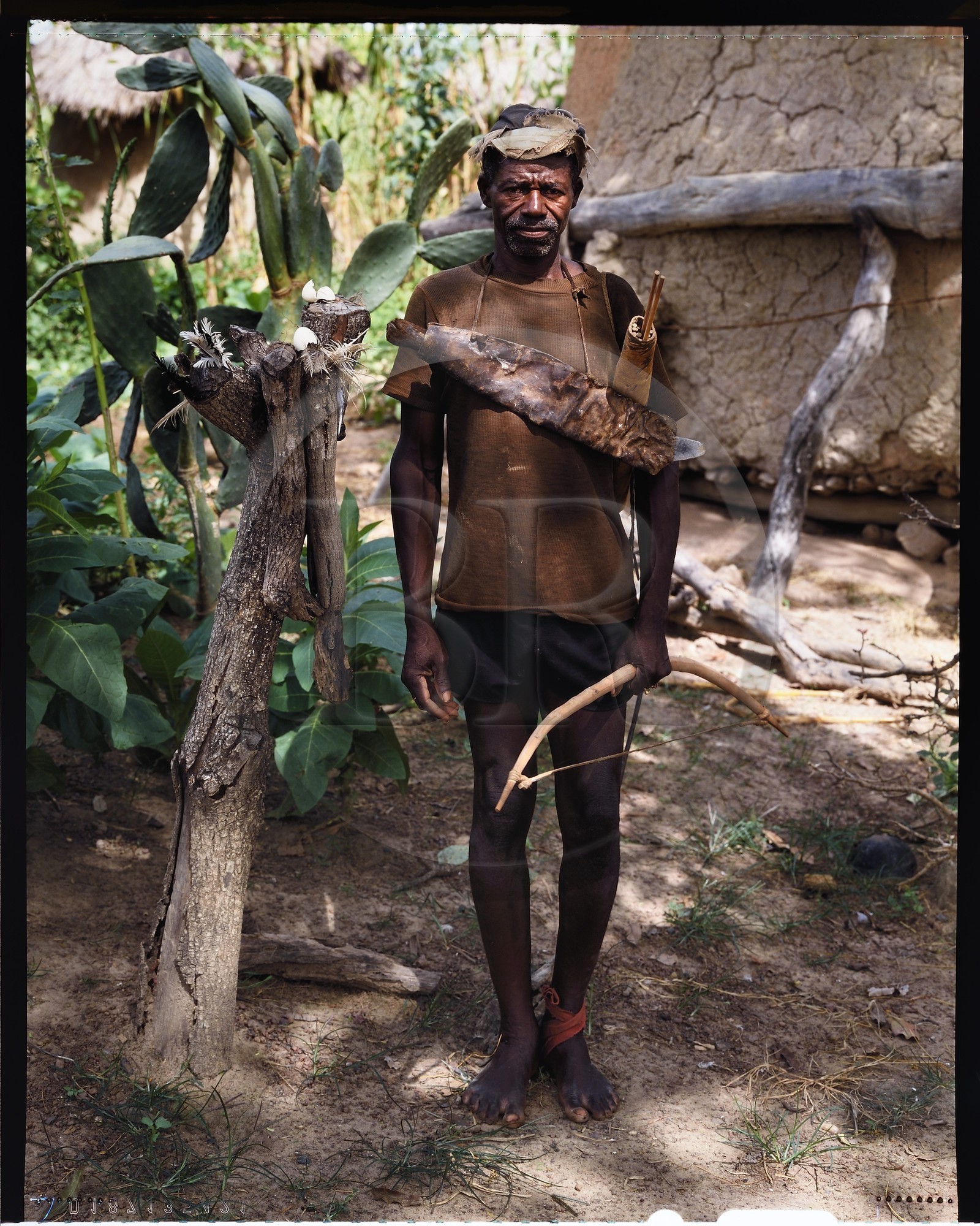 Burkina Faso, province de Poni, pays des Lobi, région de Loropéni, le chef du village de Lakar et prêtre de la Terre (le dithildaar) à coté d'un de ses autels, posant avec arc et flèches