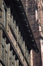 France, Bas Rhin, Strasbourg, old town listed as World Heritage by UNESCO, the half-timbered facade of Maison Kammerzell and Notre-Dame Cathedral in the background