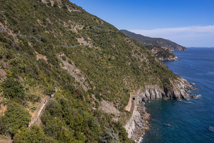 Italy, Liguria, Cinque Terre National Park listed as World Heritage by UNESCO, village of Vernazza, the GR 507 hiking trail along the coast towards Corniglia (aerial view)
