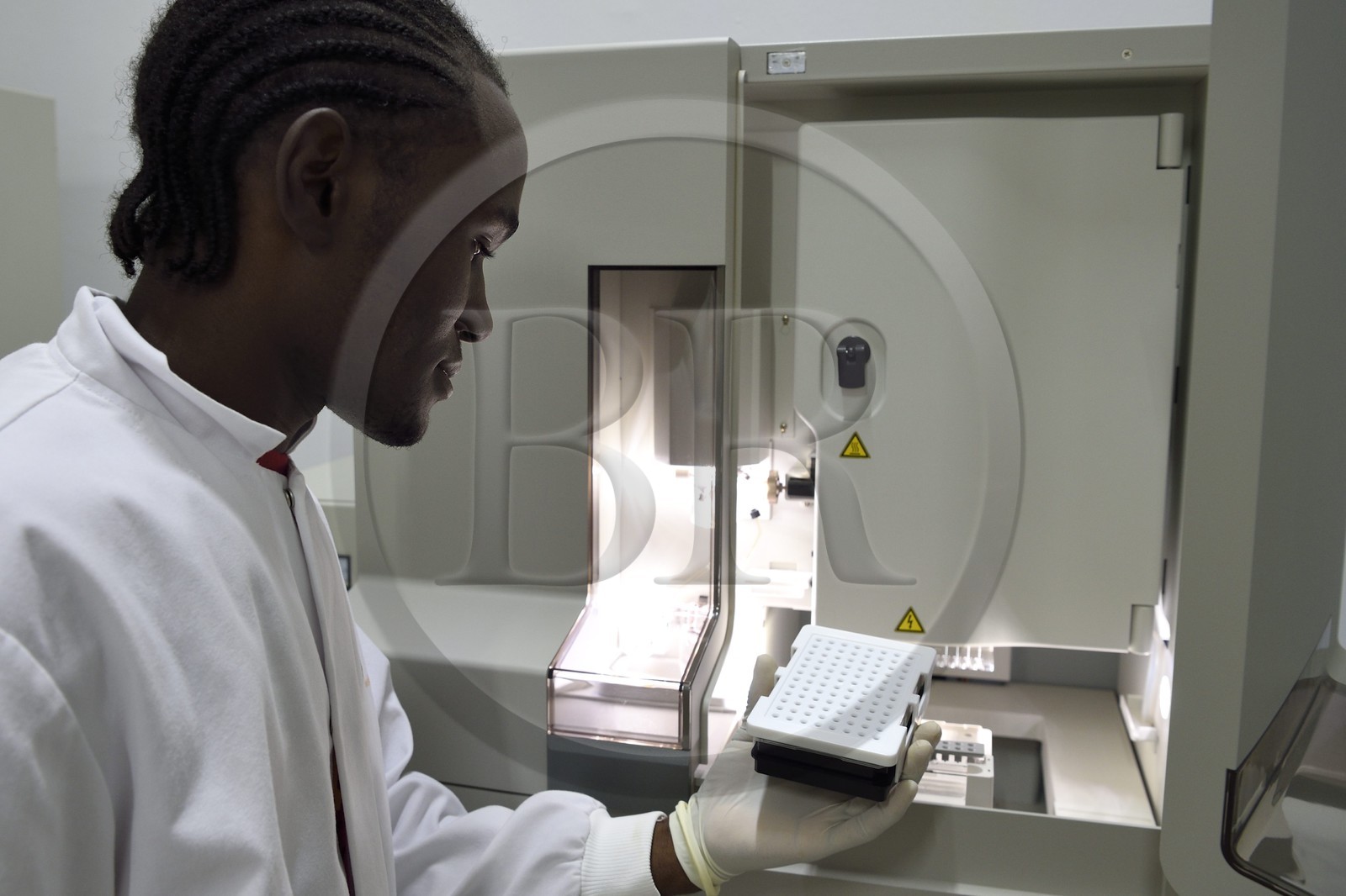 Namibie, Otjiwarongo, Cheetah Conservation Fund, centre de recherche et d'éducation, Life Technologies Conservation Genetics Laboratory, Hafeni se prépare à utiliser l'analyseur génétique