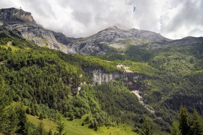 Switzerland, Canton of Vaud, Ormont-Dessus, Les Diablerets, Glacier 3000 cable car to Col du Pillon overlooking Dar waterfall