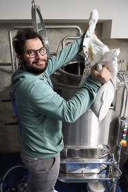 France, Haut Rhin, Strasbourg, Kaysersberg, Bisaigue brewery, the craft brewer Thibaut Ancel offers unfiltered and unpasteurized beers