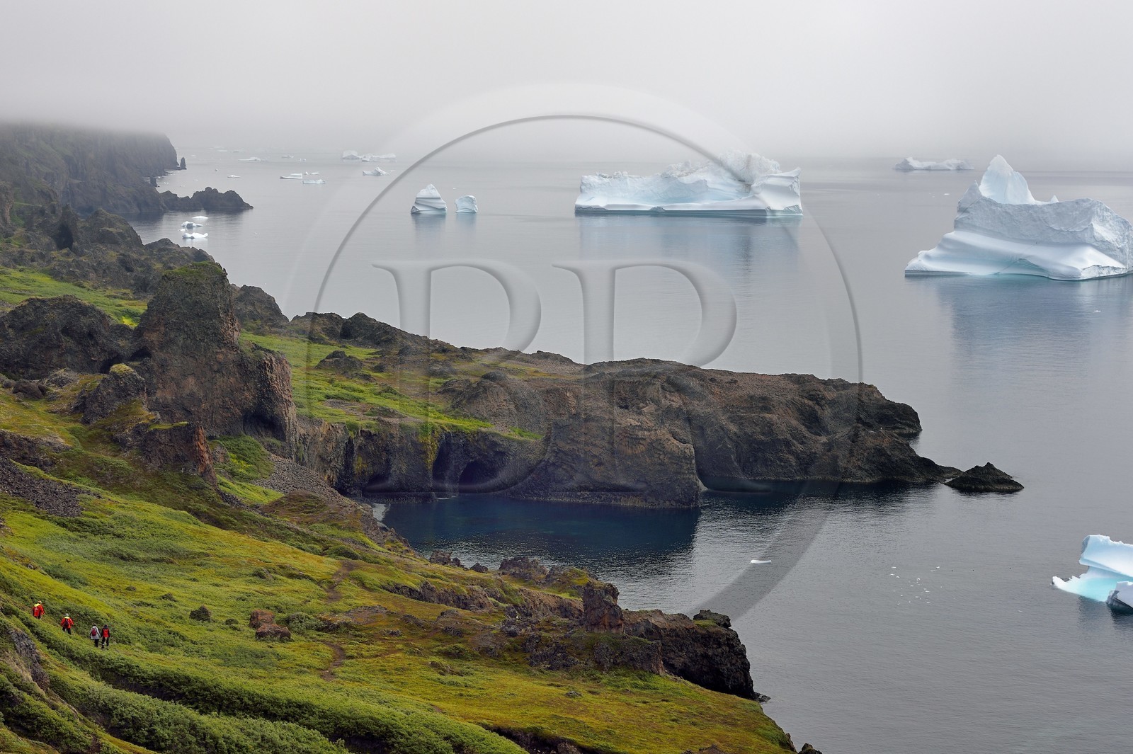 Groenland, cote ouest, Ile de Disko, Qeqertarsuaq, randonneurs sur la côte et icebergs dans la brume en arrière plan
